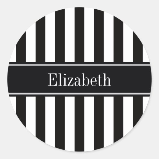 Zwart Witte Streep Zwart Naam Monogram Ronde Sticker (Voorkant)