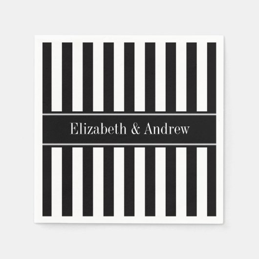 Zwart Witte Streep Zwart Naam Monogram Servetten (Voorkant)