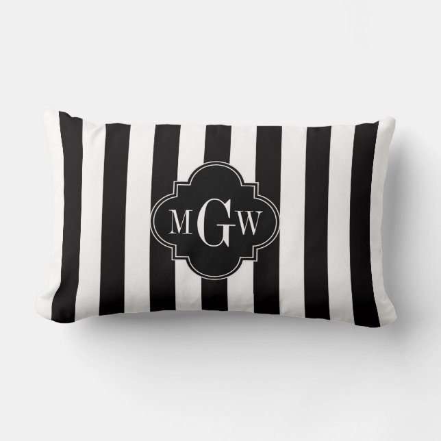 Zwart Witte Streep Zwart Vierblad 3 Monogram Kussen (Voorkant)
