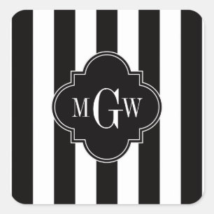 Zwart Witte Streep Zwart Vierblad 3 Monogram Vierkante Sticker