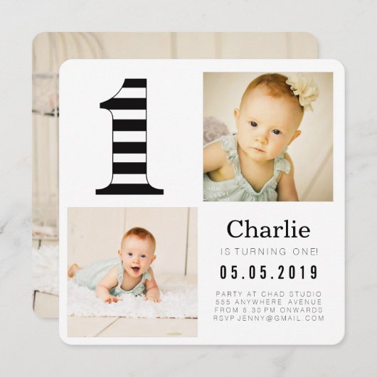 Zwart-witte strepen 1e verjaardag foto kaarten (Voorkant / Achterkant)