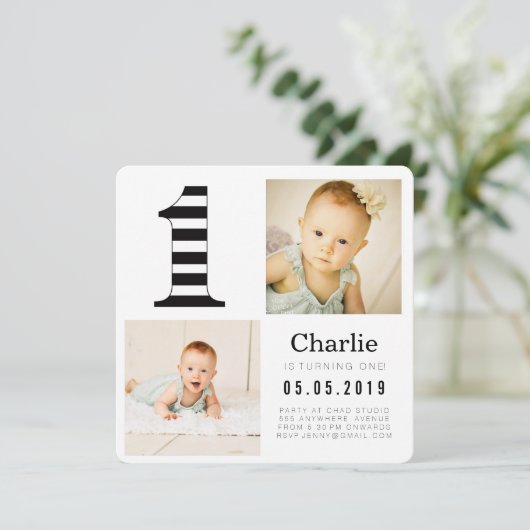 Zwart-witte strepen 1e verjaardag foto kaarten (Staand voorkant)