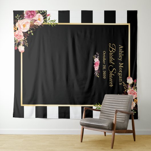 Zwart Witte Strepen Bloem Bruiloft Backdrop Wandkleed (In Situ (horizontaal))