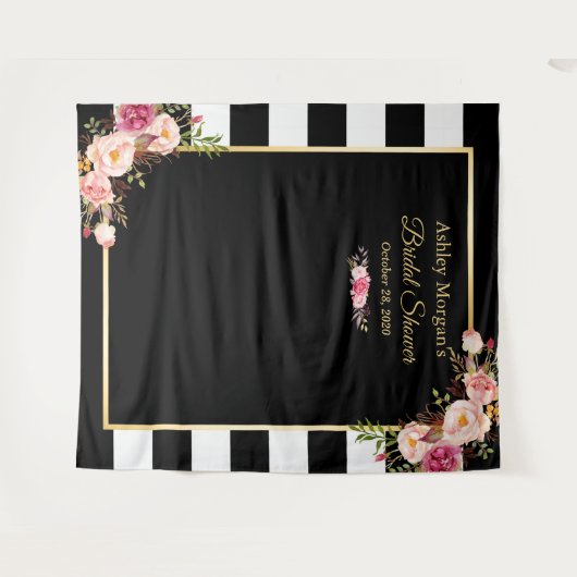 Zwart Witte Strepen Bloem Bruiloft Backdrop Wandkleed (Voorkant (horizontaal))