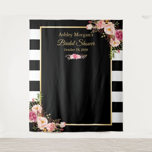 Zwart Witte Strepen Bloem Bruiloft Backdrop Wandkleed (Voorkant)