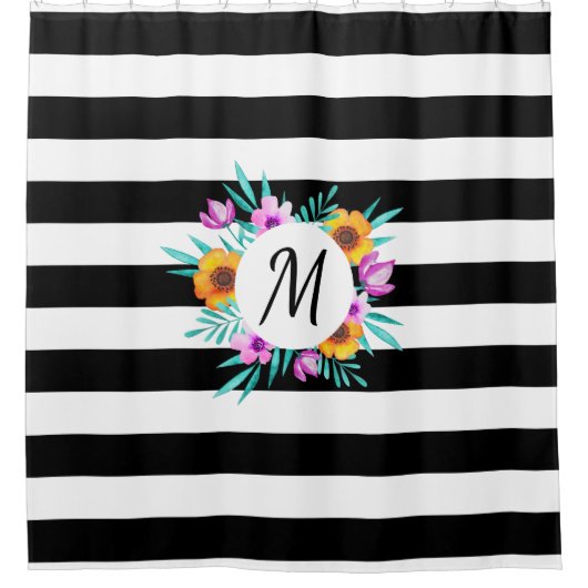Zwart-witte strepen bloemen Aangepaste monogram Douchegordijn (Voorkant)