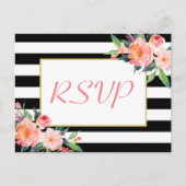 Zwart Witte Strepen Bloemen Goud Trouwen RSVP Reag Uitnodiging Briefkaart (Voorkant)
