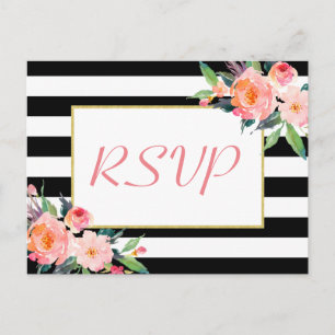 Zwart Witte Strepen Bloemen Goud Trouwen RSVP Reag Uitnodiging Briefkaart
