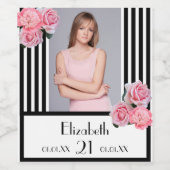 Zwart witte strepen bloemenfoto 21e verjaardag wijn etiket (Enkel label)