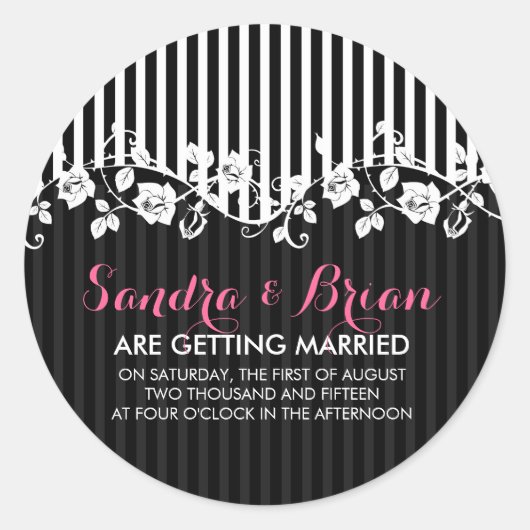 Zwart-witte strepen & bloemenkant ronde sticker (Voorkant)