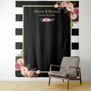 Zwart Witte Strepen Blush Bloem Bruiloft Achtergro Wandkleed