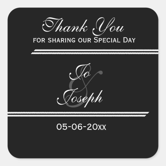 Zwart-witte strepen bruiloft dank u vierkante sticker (Voorkant)