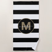 Zwart Witte Strepen Elegant Gouden Naam Monogram Strandlaken (Voorkant)
