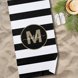 Zwart Witte Strepen Elegant Gouden Naam Monogram Strandlaken