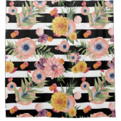 Zwart-witte strepen en bloemen douchegordijn (Voorkant)