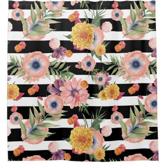 Zwart-witte strepen en bloemen douchegordijn (Voorkant)