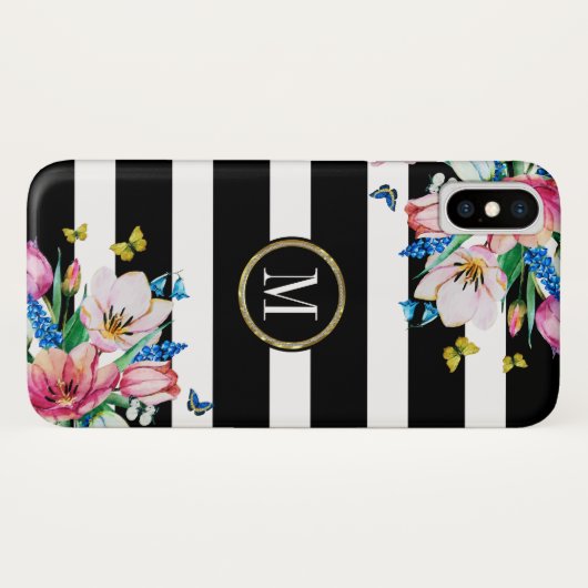 Zwart-witte strepen en bloemen en botervliegen Case-Mate iPhone case (Achterkant (horizontaal))