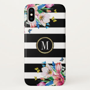 Zwart-witte strepen en bloemen en botervliegen Case-Mate iPhone case