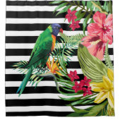 Zwart-witte strepen en bloemen en papegaai douchegordijn (Voorkant)