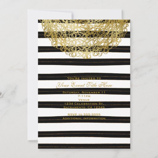 Zwart-witte strepen en gouden cirkel uitnodigingen (Voorkant)
