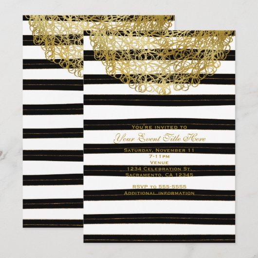 Zwart-witte strepen en gouden cirkel uitnodigingen (Voorkant / Achterkant)