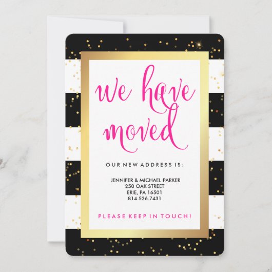 Zwart-witte strepen en goudwijziging van adres aankondiging (Voorkant)