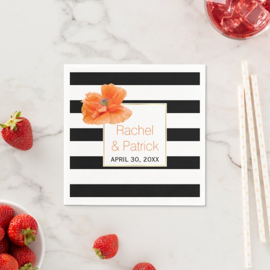 Zwart, witte strepen en koraal papaver bruiloft servetten (Insitu)