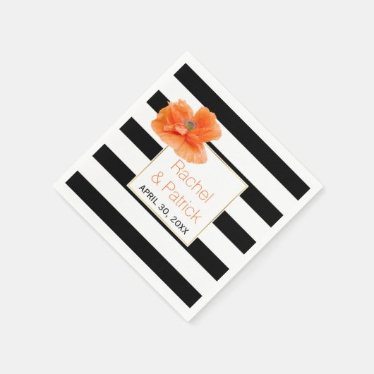 Zwart, witte strepen en koraal papaver bruiloft servetten (Hoek)