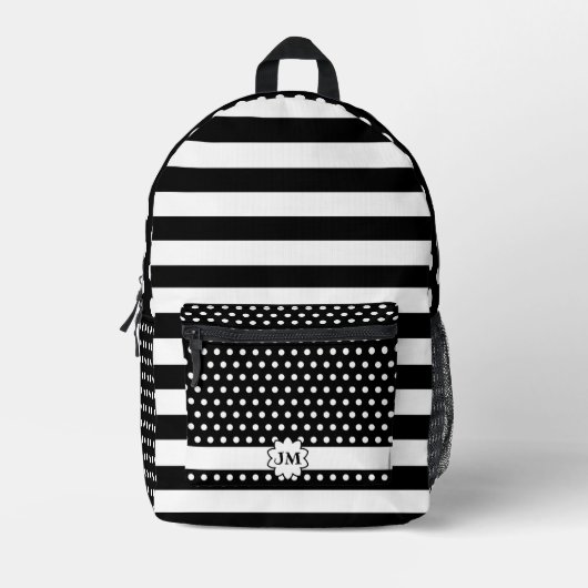 Zwart-witte strepen en polka dots met monogram bedrukte rugzak (Voorkant)