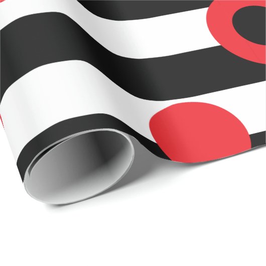 Zwart-witte strepen en rode cirkels cadeaupapier (Rol Hoek)