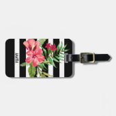 Zwart-witte strepen en roze bloemen bagagelabel (Voorkant horizontaal)