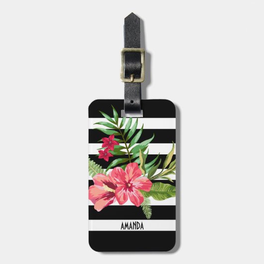 Zwart-witte strepen en roze bloemen bagagelabel (Voorkant verticaal)
