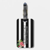 Zwart-witte strepen en roze bloemen bagagelabel (Achterkant verticaal)
