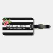 Zwart-witte strepen en roze bloemen bagagelabel (Achterkant horizontaal)