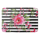  zwart-witte strepen en roze bloemetjes badmat (Voorkant)