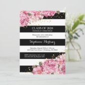 Zwart-witte strepen en roze florale afstuderen kaart (Staand voorkant)