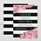 Zwart-witte strepen en roze florale afstuderen kaart (Voorkant / Achterkant)