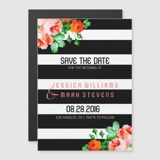 Zwart-witte strepen en roze rozen accent magnetische uitnodiging (Voorkant / Achterkant)