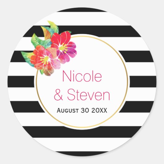 Zwart witte strepen en waterverf bloemen bruiloft ronde sticker (Voorkant)
