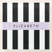 Zwart-witte strepen, Gestreept, Lijnen, Jouw naam Glazen Onderzetter (Voorkant)