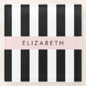 Zwart-witte strepen, Gestreept, Lijnen, Jouw naam Glazen Onderzetter (Voorkant)