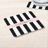 Zwart-witte strepen, Gestreept, Lijnen, Jouw naam Kartonnen Onderzetters (Schuin)