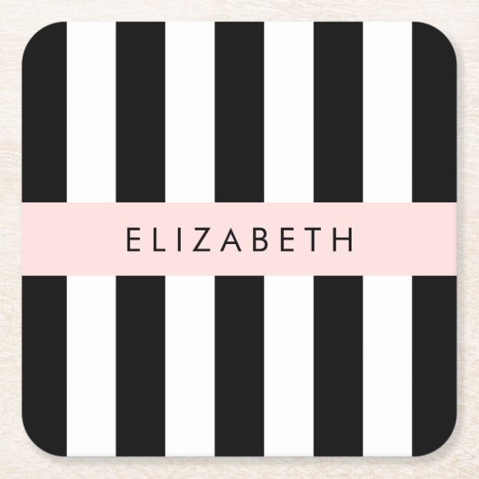 Zwart-witte strepen, Gestreept, Lijnen, Jouw naam Kartonnen Onderzetters (Voorkant)