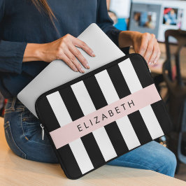 Zwart-witte strepen, Gestreept, Lijnen, Jouw naam Laptop Sleeve