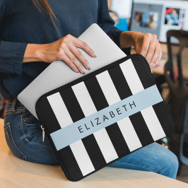 Zwart-witte strepen, Gestreept, Lijnen, Jouw naam Laptop Sleeve