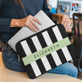 Zwart-witte strepen, Gestreept, Lijnen, Jouw naam Laptop Sleeve