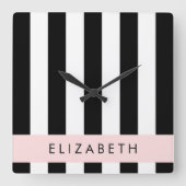 Zwart-witte strepen, Gestreept, Lijnen, Jouw naam Vierkante Klok (Voorkant)