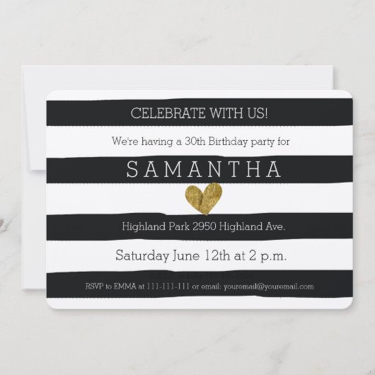 Zwart-witte strepen Gold Heart Kaart (Voorkant)