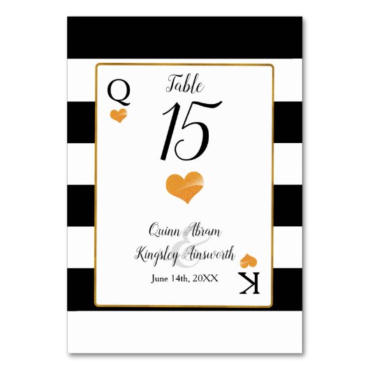 Zwart-witte strepen | Gold Hearts Tafelnummers (Voorkant)