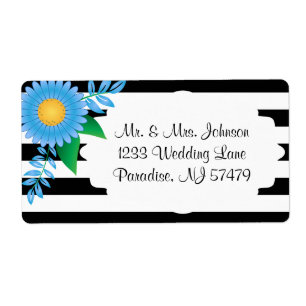 Zwart-witte strepen, goud   Blauwe bloemen Etiket